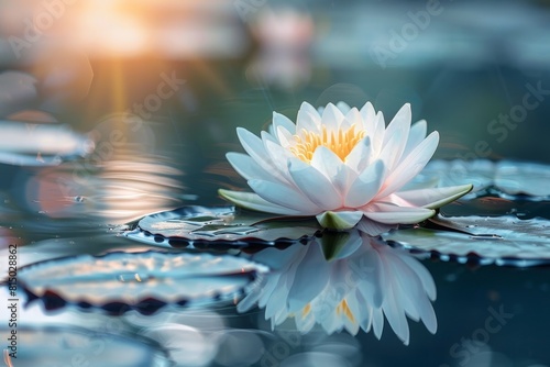 White water lily in pond at sunrise  serene beauty 