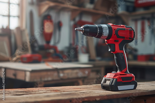 New cordless powered drill in workshop photo