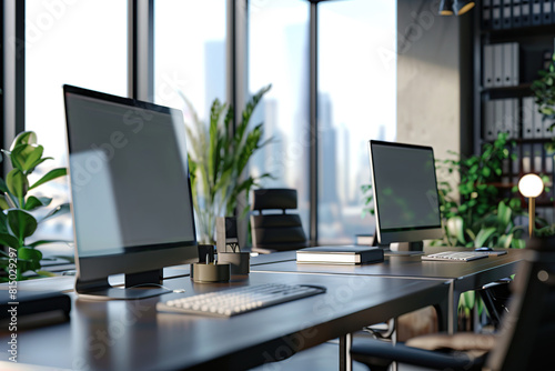 Corporate office with modern computers in a row