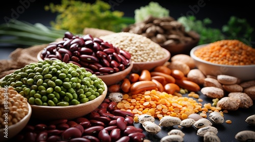 Assorted different types of beans and cereals grains. Set of indispensable sources of protein for a healthy lifestyle. Old wooden table, top view