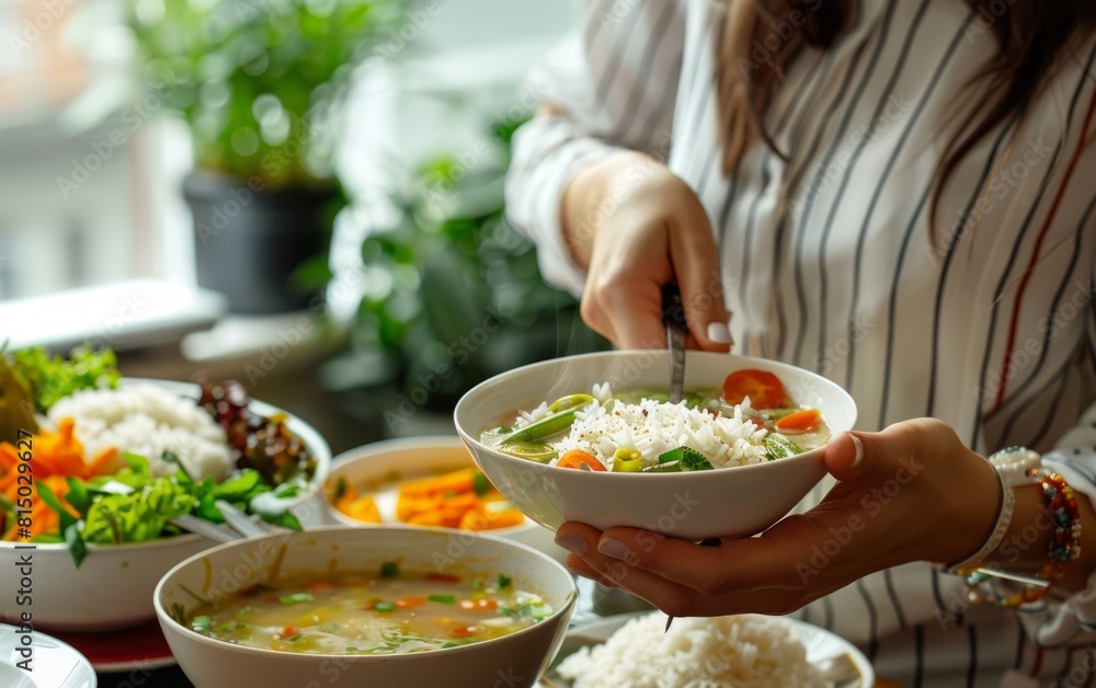 Woman serving a healthy vegetarian meal with rice, soup, and salad.