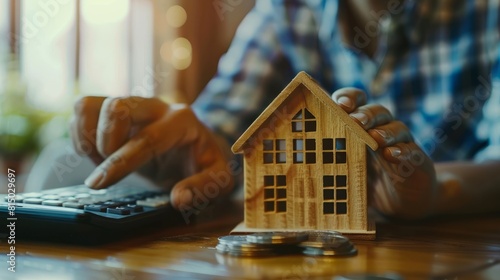 Hand on calculators, aiming for home refinance. Wooden house model, buy or rent note on desk. Concept of saving to buy property, wise mortgage payment. Tax, credit analysis for financial benefit. 