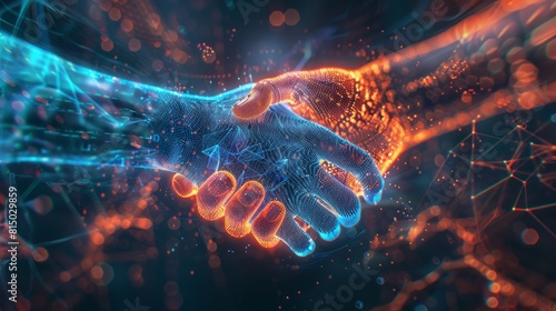 Handshake in digital futuristic style. The concept of partnership hyper realistic 