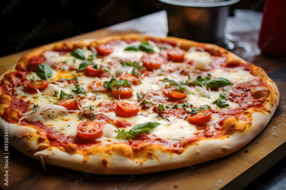 A traditional Italian pizza fresh from the oven, with bubbling cheese, tangy tomato sauce, and savory toppings
