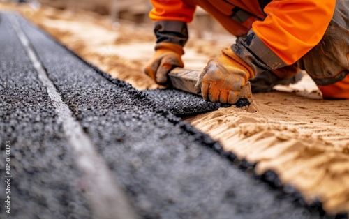 Worker in orange smoothing a fresh asphalt strip on sandy ground.