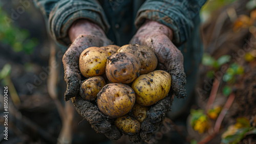 Hands holding freshly harvested potatoes covered in soil.