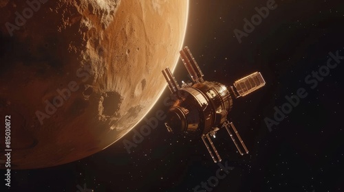 Interplanetary Space Station Orbiting Planet Mars. 3D Animation. hyper realistic 