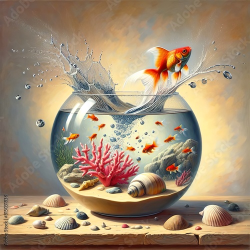 Goldfish escaping from the fishbowl creating a big splash