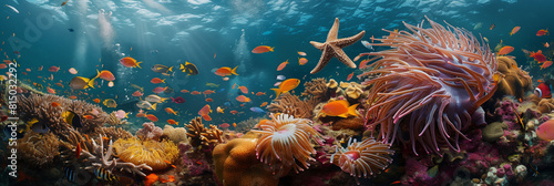 Vibrant underwater scene with starfish and sea anemone among colorful coral reef banner. Panoramic web header. Wide screen wallpaper