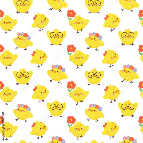 Cute Yellow Chick seamless pattern background vector. Animal hand drawn tile poster of duckling, duck, goose in pattern. Cartoon character creative design illustration for fabric, packaging, tiles.