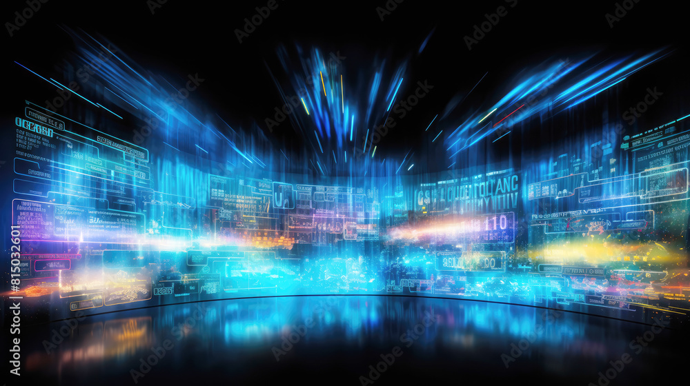 Obraz premium generated illustration of lots of TV screens in a dark room.