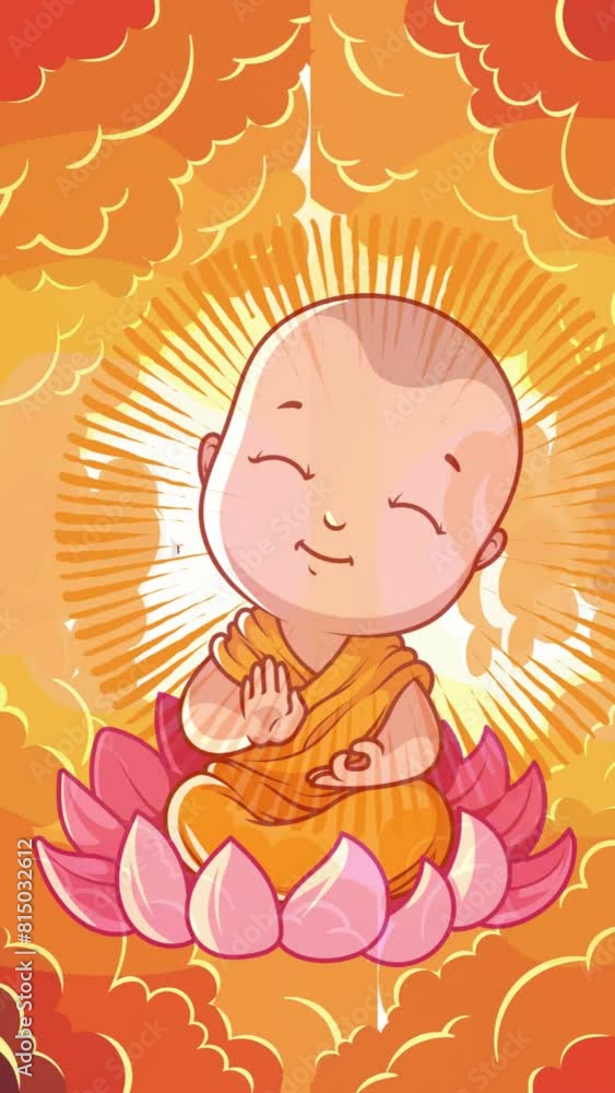 A vertical social media animation short video of the little monks is meditating with a lovely smile, sitting on a lotus flower, yellow light flashing, surrounded by magical orange and white clouds. A vertical social media animation short video of the little monks is meditating with a lovely smile, sitting on a lotus flower, yellow light flashing, surrounded by magical orange and white clouds.