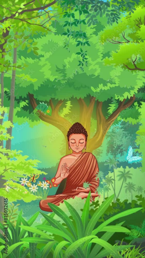 A vertical social media animation short video reel of the Gautam Buddha deep meditating under the big tree in a dark forest full of green. Butterflys are flying around. yellow aura light flashing A vertical social media animation short video reel of the Gautam Buddha deep meditating under the big tree in a dark forest full of green. Butterflys are flying around. yellow aura light flashing