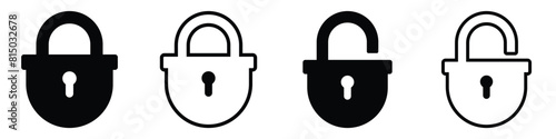 Lock icon collection. Locked and unlocked black line icon set. Vector illustration. Flat security symbol. white background. Set of Silhouette of locked and unlocked padlock.
