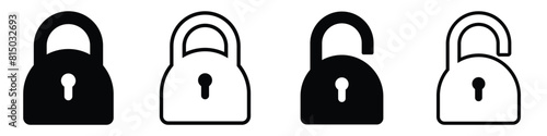 Lock icon collection. Locked and unlocked black line icon set. Vector illustration. Flat security symbol. white background. Set of Silhouette of locked and unlocked padlock.
