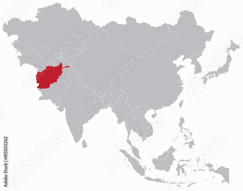 Highlighted red map of AFGHANISTAN inside grey detailed blank political map of Asia on light blue background, without the Middle East and Russia