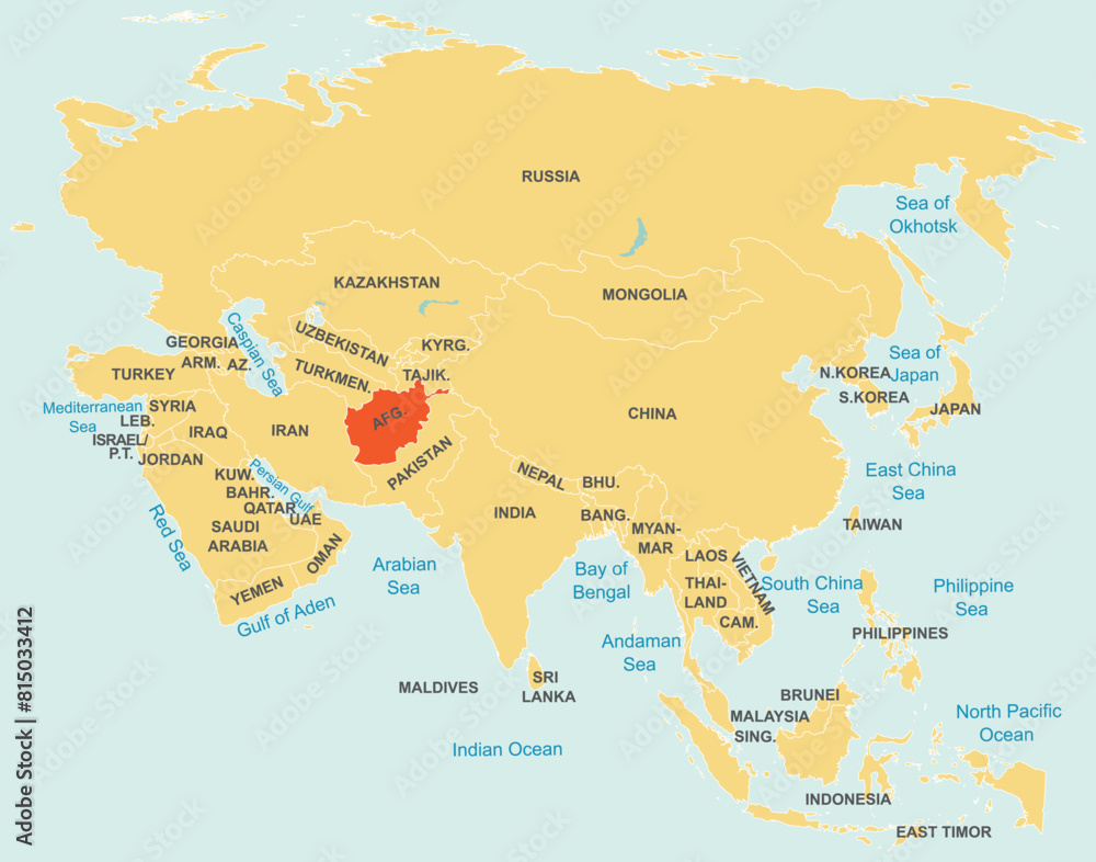 Fototapeta premium Highlighted red map of AFGHANISTAN inside orange detailed tagged map of Asia using orthographic projection on blue background