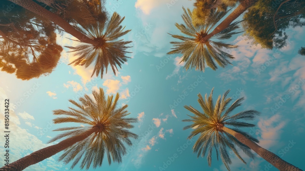 Fototapeta premium Smoothly moving infinite road with palm trees on both sides with a sunset sky in a bottom view Background. Green palm trees. Vertical video background, vertical video, hyper realistic 