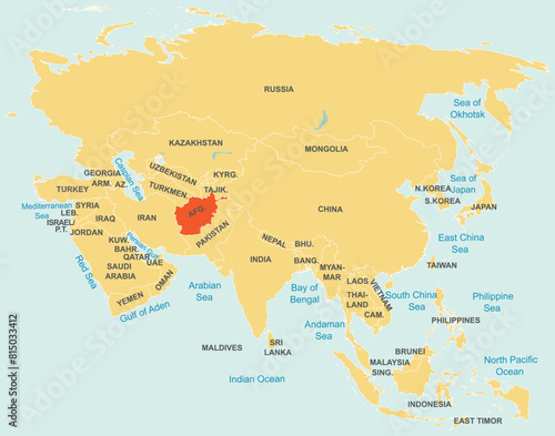 Highlighted red map of AFGHANISTAN inside orange detailed tagged map of Asia using orthographic projection on blue background