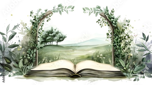 Enchanting Storybook Landscape Framed by an Archway of Lush Foliage and Nature