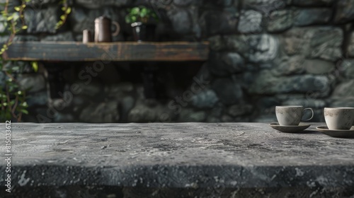 Stone table top with copy space. Coffee shop background hyper realistic 