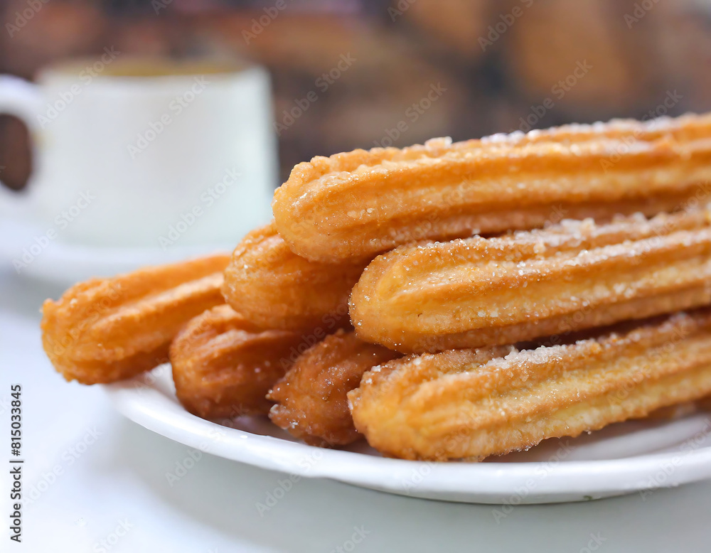 A plate of churros with a cup of coffee on the table. The churros are golden brown and look delicious. The coffee cup is white and has a saucer underneath it. The scene is cozy and inviting