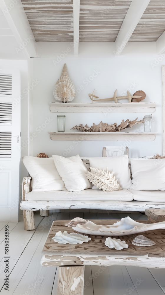 Coastal style living room with white sofa, rustic wooden furniture and shelf with marine decor Coastal style living room with white sofa, rustic wooden furniture and shelf with marine decor