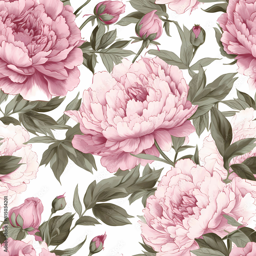 Seamless floral pattern with vintage pink peony flowers. Print for wallpaper, cards, fabric, wedding stationary, wrapping paper, cards, backgrounds, textures	
