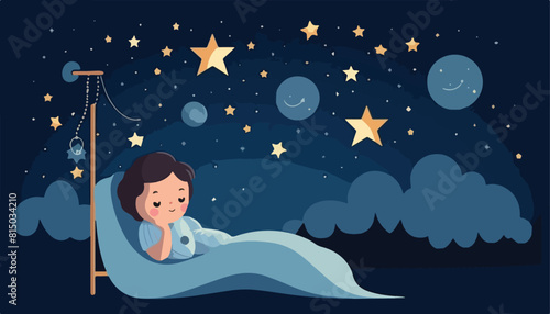 Illustration of a girl in bed at night. Vector illustration.