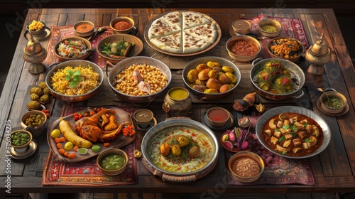 Traditional Indian dishes on the wooden table, selection of assorted spicy food, ai generated hyper realistic 
