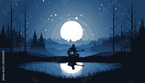 Silhouette of a man sitting on the lake and playing guitar.