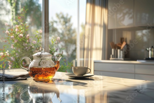 Charming modern clear teapot with hot tea and elegant clear cups. Cozy time creates the quintessential afternoon tea. Hot drink