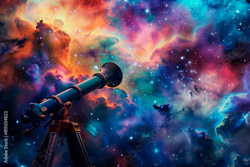 Telescope on bright cosmic starry background. Telescope perched on tripod on space background with copyspace. photo