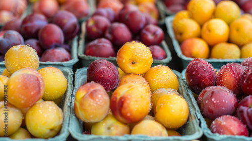 Various colorful plums in baskets at a market  close-up view.