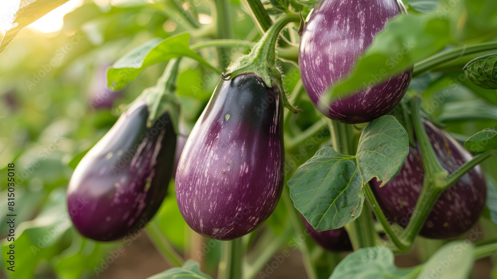 Several purple eggplants growing on the plant surrounded by green leaves. Several purple eggplants growing on the plant surrounded by green leaves.