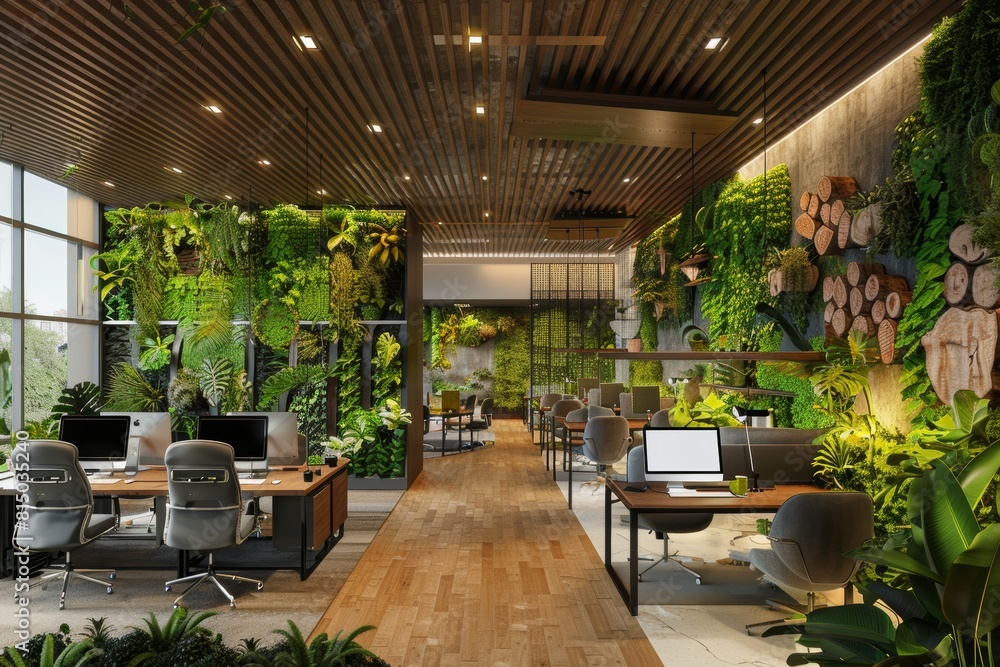 Fototapeta premium Modern Eco-Friendly Office Design Emphasizing Green Business Practices