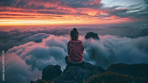 Young woman seated atop a mountain, overlooking clouds at sunset, presenting a fantastical vista of nature's wonders, evoking awe and serenity in the breathtaking beauty of the landscape. photo