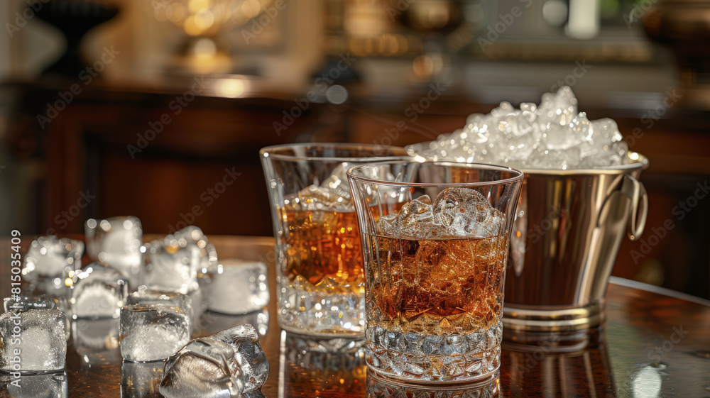 Two whiskey glasses with ice cubes beside a metal ice bucket. Two whiskey glasses with ice cubes beside a metal ice bucket.