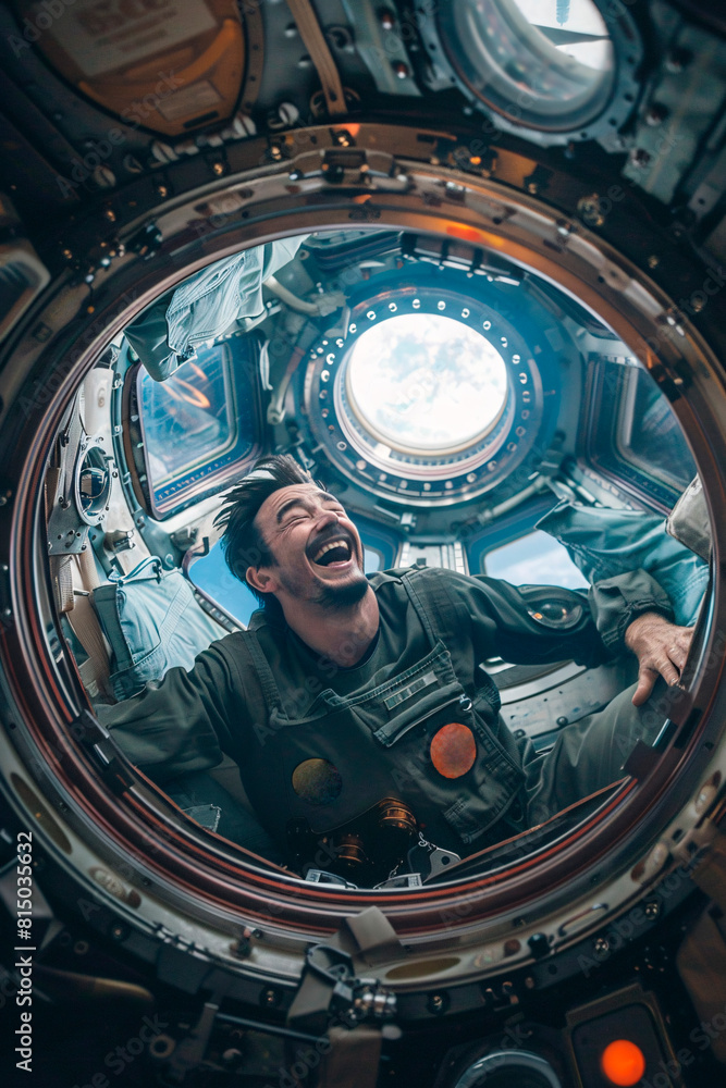 Obraz premium Astronaut floating inside cosmic cupola module, offering breathtaking view of Earth from space. Dressed in flight suit astronaut floats in microgravity surrounded by station's functional equipment.