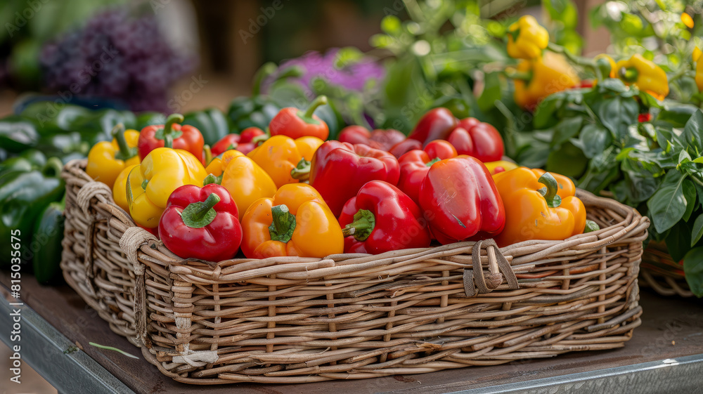A wicker basket filled with colorful bell peppers at a market. A wicker basket filled with colorful bell peppers at a market.