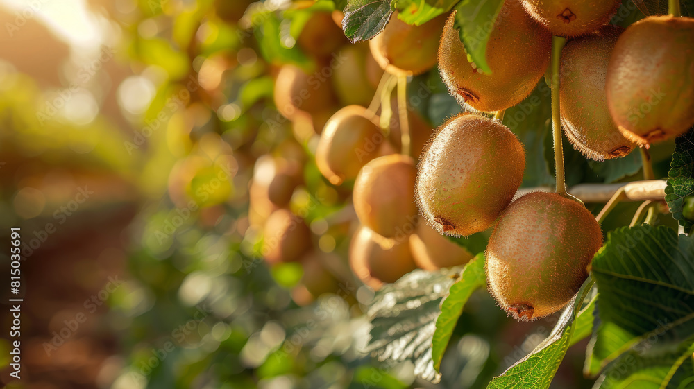 Ripe kiwis on the vine in a lush orchard with sunlight. Ripe kiwis on the vine in a lush orchard with sunlight.