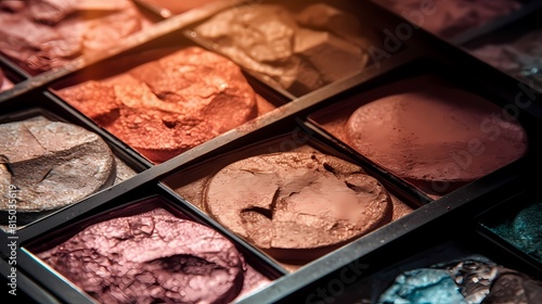 **A palette of highlighters with a mix of subtle and intense shades, captured in a close-up shot