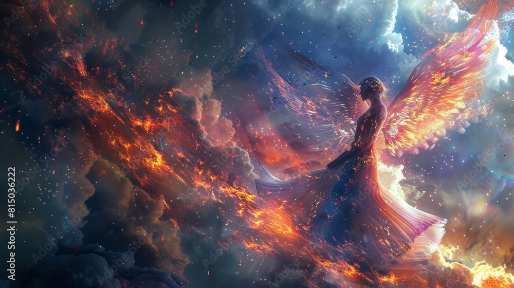 A woman in a white dress is flying through the sky above a fiery cloud A woman in a white dress is flying through the sky above a fiery cloud
