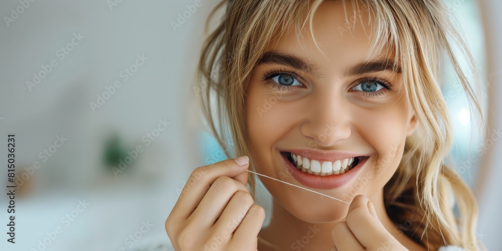 A happy young blonde woman flosses her teeth in a bright personal bathroom setting A happy young blonde woman flosses her teeth in a bright personal bathroom setting