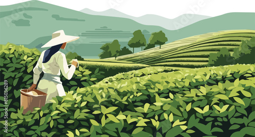 tea picker at tea plantation in the morning, vector illustration