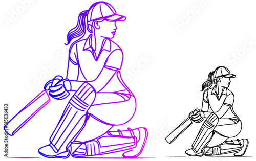 line art woman posing cricket playing style