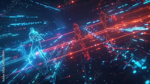 A high-tech, intense scene featuring blue and red teams in hacker-like attire, defending a network against a breach, encryption algorithms and glowing lines in the dark background, AI Generative photo