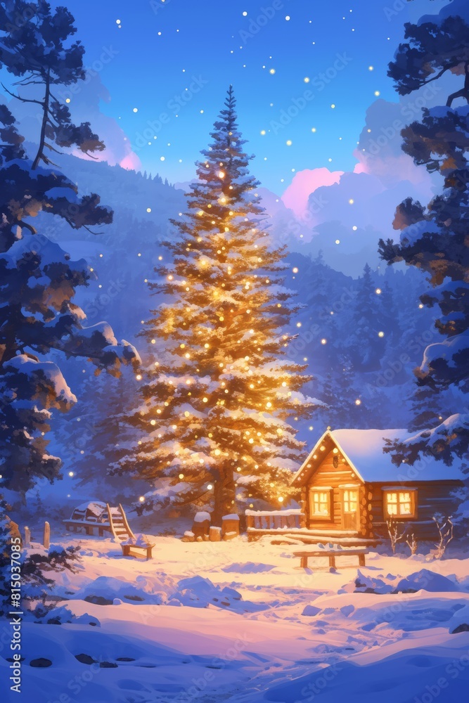 Warm and Cozy Christmas Cabin Scene with Decorated Tree and Snowy Landscape Warm and Cozy Christmas Cabin Scene with Decorated Tree and Snowy Landscape