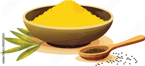 Illustration of a bowl full of yellow mustard seeds with a wooden spoon