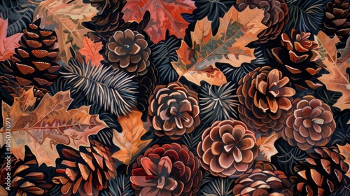 Fall leaves and pine cones artistically depicted with precisionist technique, emphasizing form and line photo